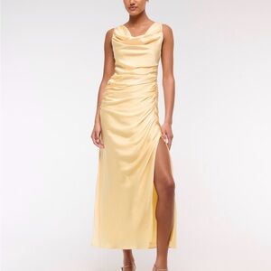 Abercrombie Elegant Yellow Cowl Neck Satin Dress with Side Ruched Slit-NWT